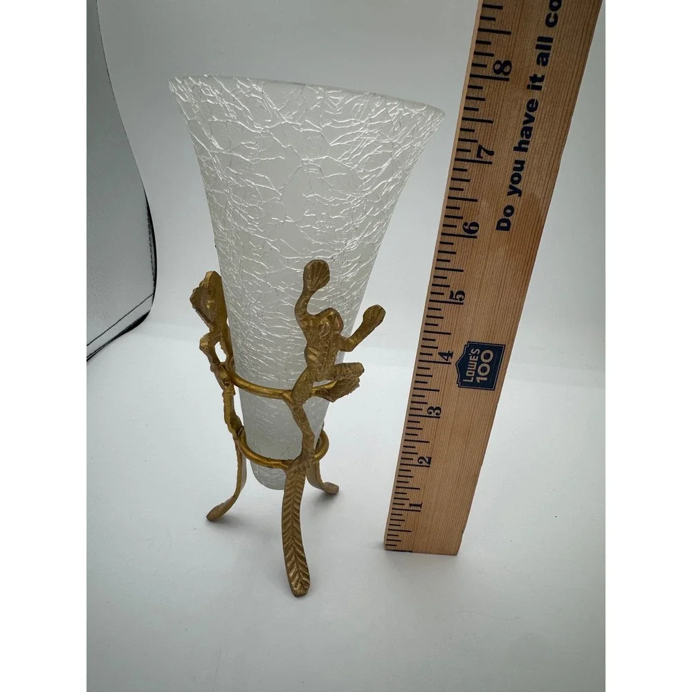 Vintage Crackle Glass Trumpet Vase Brass Frog Tripod Stand Made in India 8